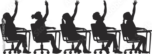 Black silhouette of a row of students sitting at desks and raising their hands in a classroom for education design
