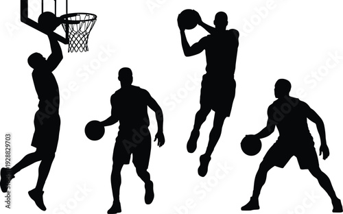 Basketball player silhouettes collection showing dribbling, jumping, dunking and shooting actions isolated on light background for sports competition, athletic performance and team game concepts