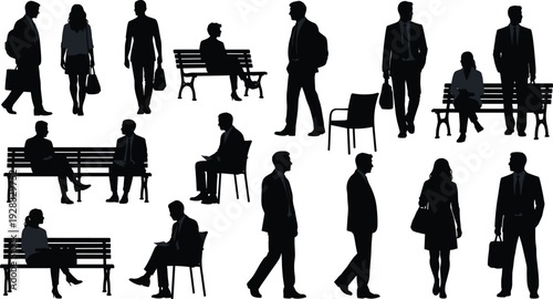 Business people silhouettes collection showing professionals walking, sitting, meeting and waiting on benches isolated on light background for corporate lifestyle, commuting and urban work concepts