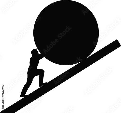 Black silhouette of businessman pushing a giant heavy ball up a steep slope representing hard work persistence and overcoming challenges