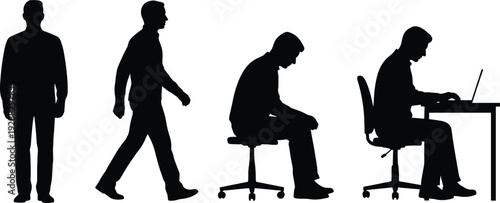 Businessman silhouettes showing standing, walking, sitting and working on laptop isolated on light background representing professional routine, office work, productivity and corporate lifestyle