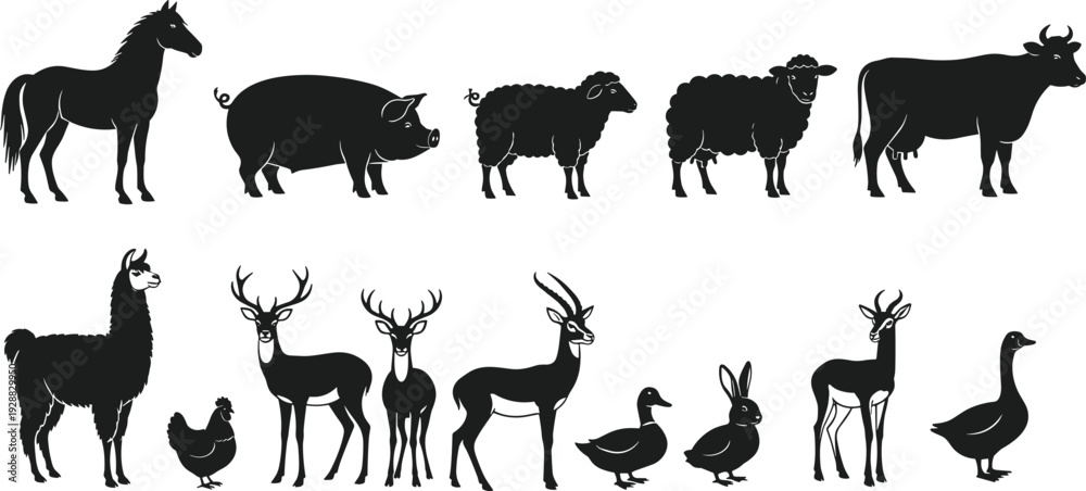 Obraz premium Farm and Wild Animal Silhouette Collection, Livestock and Woodland Vector Set, Nature Icons, cad drawing flat vector illustration, Rural Wildlife