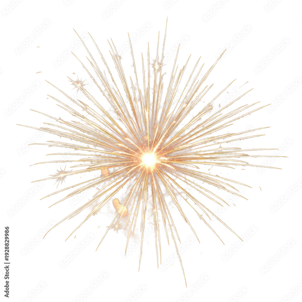 Fototapeta premium Intensely vibrant, symmetrical firework explosion with a white-hot core and sharp golden-orange light streaks against a neutral transparent background, highlighting high-contrast detail. concept of