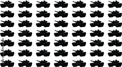 Military tank silhouettes collection featuring armored combat vehicles isolated on light background representing defense power, ground forces, battlefield strength and modern warfare equipment