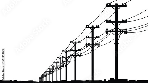 Black silhouette of electric utility poles and power lines in perspective view extending into the horizon for energy and infrastructure design