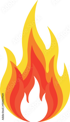 A stylized, graphic illustration of a bright orange and yellow fire flame, depicted with smooth, flowing lines and vibrant colors, representing heat and energy in a bold, modern design