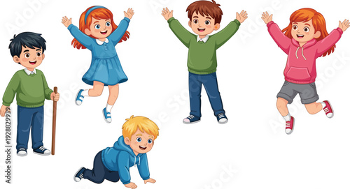 Diverse Group of Happy Children Playing Jumping and Crawling Cartoon Kids Set Isolated on White Background for School Education Vector