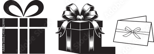 Gift boxes black silhouette set isolated on transparent background cutout