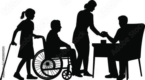 Black silhouette of medical staff assisting elderly man in wheelchair and young girl with crutch for healthcare and disability support