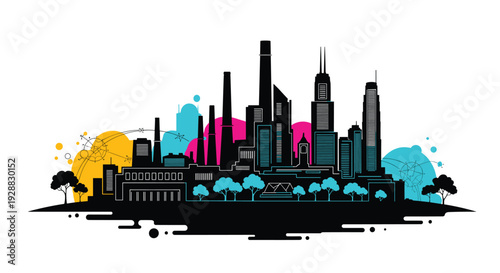 Modern city skyline silhouette in black featuring tall skyscrapers and industrial factories against colorful abstract circular shapes.