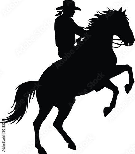 Horse rider silhouette with wide‑brimmed hat on rearing horse, dynamic equestrian vector illustration, abstract western adventure and control design concept