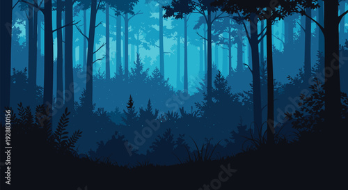 Enchanting forest landscape in deep blue hues depicting layers of silhouetted trees and bushes in the misty moonlight or dawn.