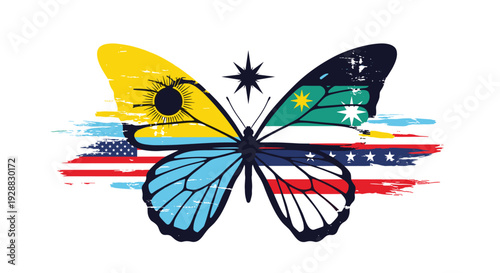 Large butterfly illustration with wings decorated with flags from various countries like the USA and Brazil in a grunge style.