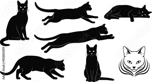 Cat silhouettes in diverse poses, sitting, running, crouching, leaping, stylized feline face emblem, elegant vector artwork for design and educational projects