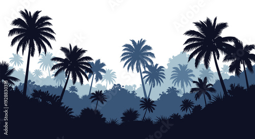 Silhouetted landscape of a tropical palm tree forest with multiple layers of trees creating depth against a bright white background.