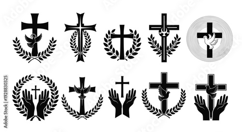 Collection of ten black and white religious icons featuring various crosses, peace doves, praying hands, and laurel wreaths.