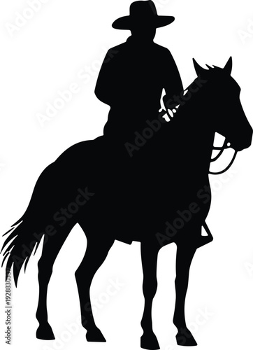 Horseback rider silhouette with wide‑brimmed hat holding reins, standing horse vector illustration, abstract western lifestyle and rural design concept