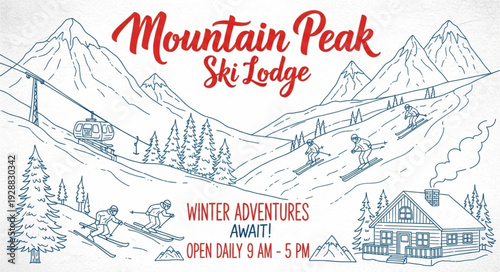 Mountain Peak Ski Lodge Winter Adventures Sign.