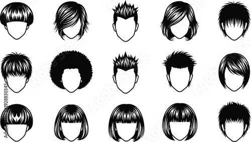 Collection of male and female hairstyle silhouettes, trendy short and medium haircuts set, modern fashion hair icons isolated on white background vector illustration