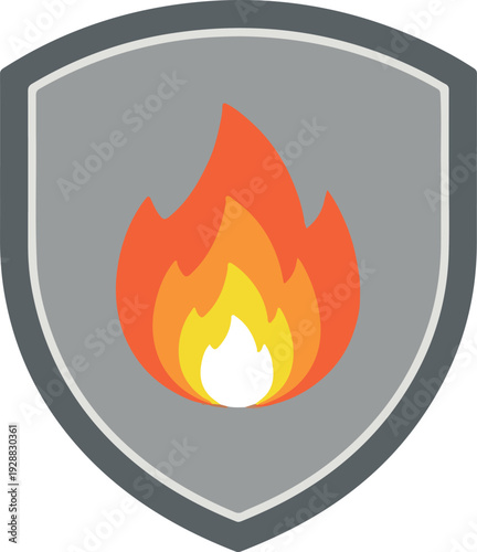 Fire safety shield icon symbol representing protection and hazard warning with a flame in the center for emergency services and security concepts