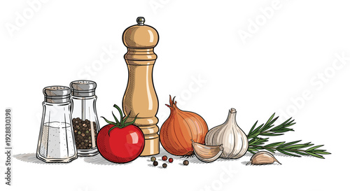 Still life sketch of kitchen essentials including a tomato, onion, garlic, rosemary, and salt and pepper shakers with a wooden mill.