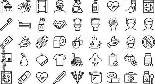 Healthcare and Hygiene Line Icon Set with Doctor Mask Sanitizer Medicine Toilet Paper and Medical Equipment Symbols