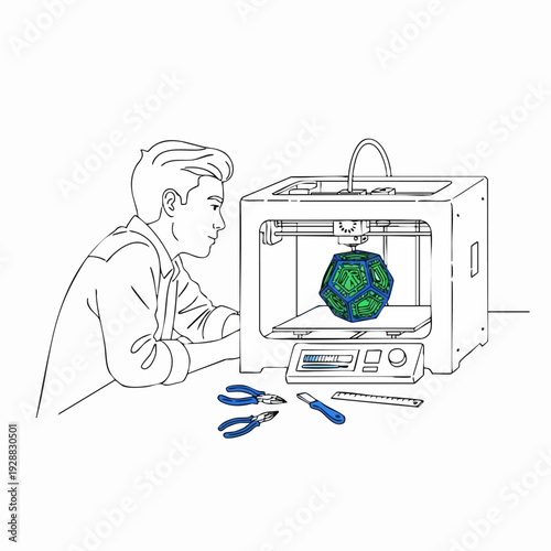 Person Observing 3D Printer Creating Globe Model.