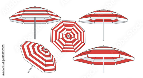 Collection of red and white striped beach umbrellas shown from various angles including side, top, and perspective views.