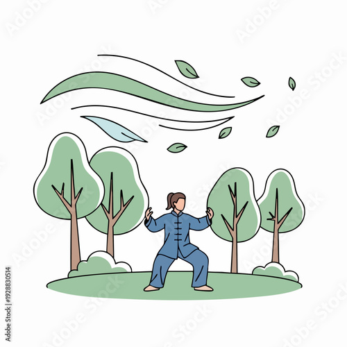 person practicing martial arts outdoors in windy park.