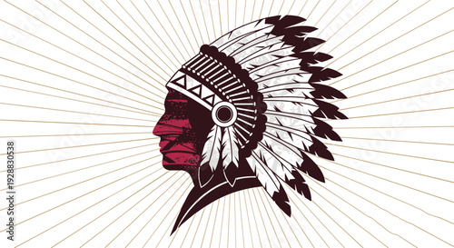 Native American chief wearing traditional feather headdress in profile view against a radiant sunburst background graphic.