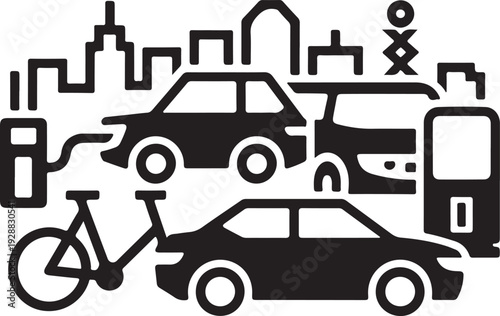 Urban transportation scene with city skyline and electric vehicle charging