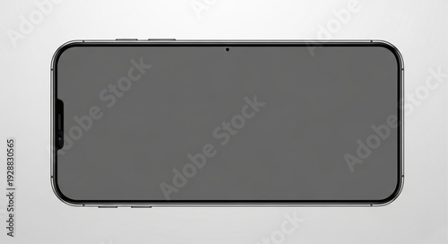 Modern smartphone device with dark screen on white background.