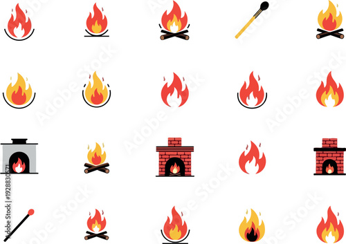 Set of colorful fire icons including campfires, fireplaces, and matches, symbolizing warmth and energy, perfect for digital design and user interface elements