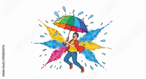 Person With Colorful Umbrella Surrounded By Splashing Paint.