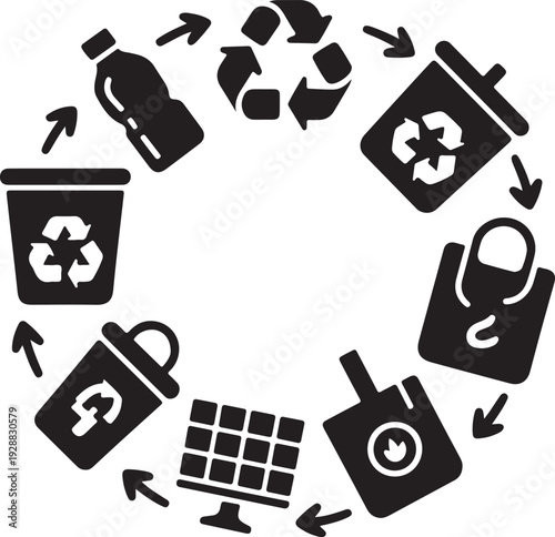 Recycling process with waste containers and reusable items arranged in circle