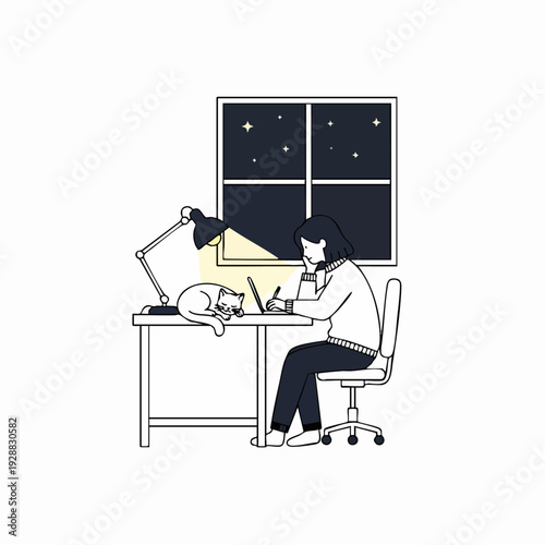 Person Working at Desk at Night.