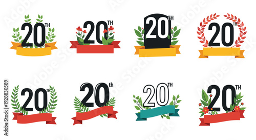 Decorative twenty years anniversary emblem collection with floral wreaths and colorful ribbons for jubilee celebration events.