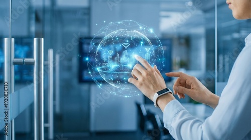 Network technology concept, female hand interacting with a holographic world network.