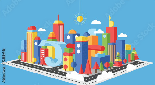 A colorful, geometric city scene with buildings, roads, trees, and sun