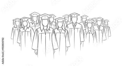 Black and white line drawing of a large group of graduates wearing traditional academic caps and gowns for graduation ceremony.