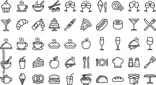 Restaurant and Cafe Line Icon Set with Coffee Pizza Sushi Burger Wine Dessert and Kitchen Food Symbols