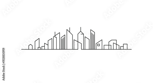 Minimalist single continuous line drawing of a modern city skyline with skyscrapers and urban buildings on a white background.