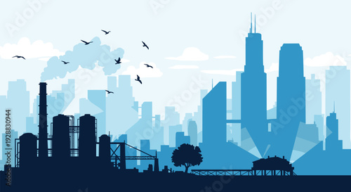 Detailed industrial cityscape silhouette showing a factory with smoking chimneys and a modern city skyline in blue tones.