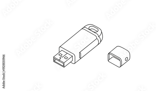 A minimalist line art illustration of a USB flash drive and its cap