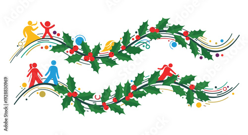 Festive Christmas decoration with holly leaves, red berries, and stylized figures of a family and a person running on white.