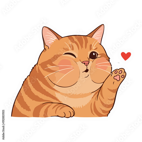 Charming ginger tabby cat illustration winking and blowing a playful kiss with a heart symbol, conveying warmth and affection, ideal for cute digital greetings, stickers, or social media expressions
