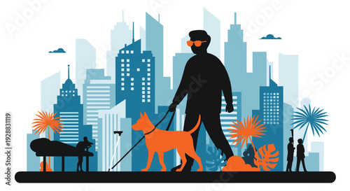 Silhouette of a blind man wearing sunglasses walking his orange guide dog against a blue city skyline background.
