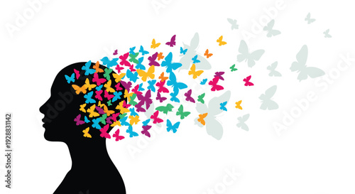 Human head silhouette with hundreds of colorful butterflies flying out as a symbol of creativity, freedom, and mental health.