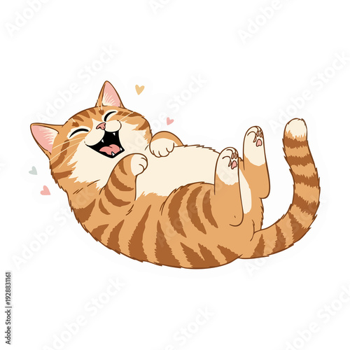 Adorable orange tabby cat rolling on its back with joy and love, depicted in a cute cartoon illustration