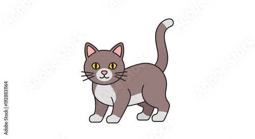 A charming cartoon illustration of a cute grey and white cat with bright yellow eyes, standing alert with its tail curled upwards